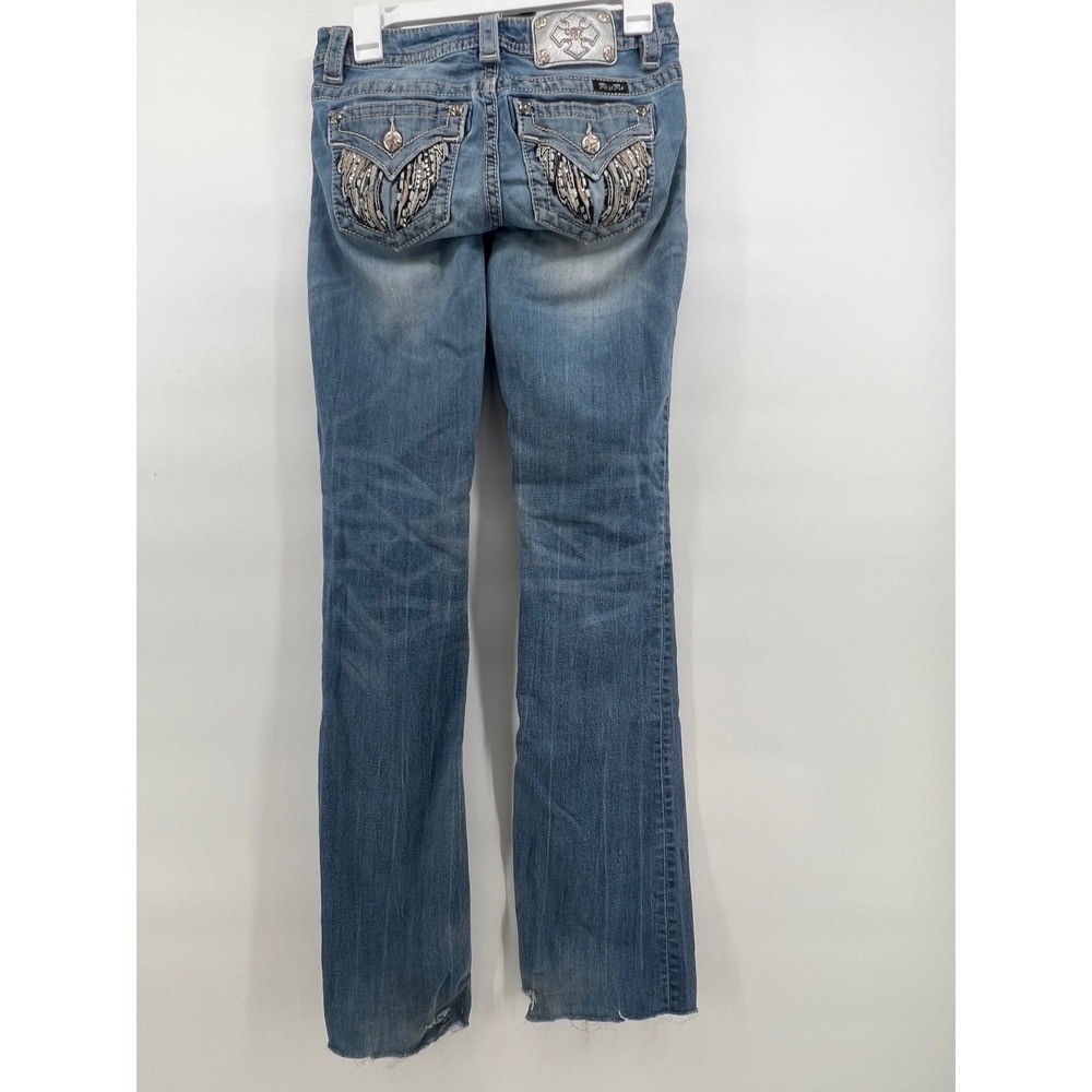Miss Me Standard Boot Jeans 26 Wing Back Pocket Rhinestone Raw Hem Medium Wash - Picture 3 of 10